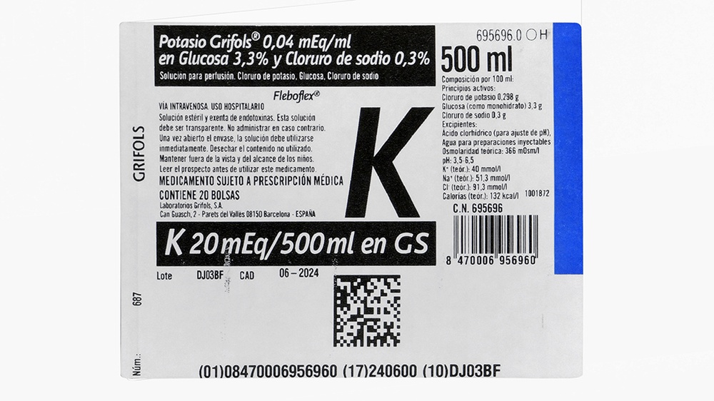 POTASSIUM GRIFOLS 0.04 mEq/ml IN 3.3% GLUCOSE AND 0.3% SODIUM CHLORIDE SOLUTION FOR INFUSION