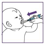 Baby with open mouth receiving medicine from an oral applicator with a purple arrow indicating direction