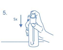 Hand holding a vial with a needle inserted in the cap pressing down five times indicated by an arrow and the number 5x