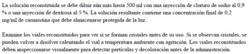 Text in Spanish on instructions for dilution of a reconstituted solution with sodium chloride or dextrose