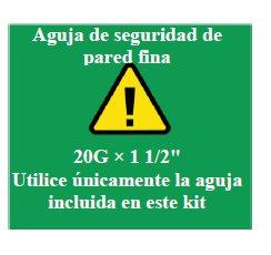 Warning signal triangular yellow on green background with text indicating thin-walled safety needle 20G x 1 1/2” and exclusive use