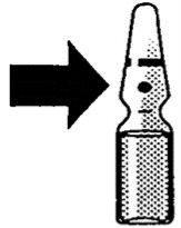Vial of medicine with liquid and a black plunger, black arrow pointing to the vial