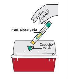 Hand holding pre-filled pen over red container with green cap removed and arrow indicating insertion site