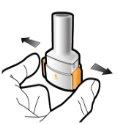 Hand holding white and orange inhaler with arrows indicating pressure on both sides of the device