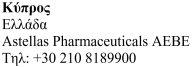 Text in Greek and Latin letters with contact information of Astellas Pharmaceuticals AEBE and phone number