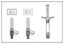 Three auto-injector devices with tubes of different colors showing their components and lateral design