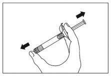 Hand holding a syringe with a connected needle, black arrows indicate movement of connection of the device to the syringe