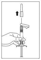 Hand holding a syringe with a connected needle to a transparent vial with liquid and an arrow indicating upward direction