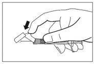 Hand holding an auto-injector with an arrow indicating the direction of injection and the plunger pressed