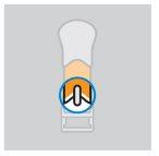 Syringe needle with beveled tip inserted into a white and orange cap highlighted with a blue circle