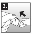 Hand holding a broken glass ampoule with a second hand holding the edge and a black arrow indicating the direction