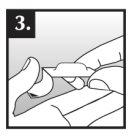 Hand holding the applicator device with the plunger retracted over the abdominal skin