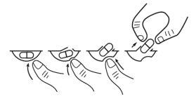 Sequence of hands holding and rotating a device with a capsule or inhaler shape