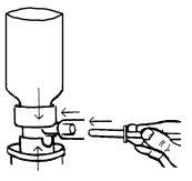 Device with upper cylinder and lower plunger connected to a syringe with needle and hand holding it