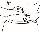 Hands holding a syringe injecting into the abdominal skin with a visible angle and a marked area for injection