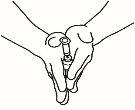 Hands holding an auto-injector with the button pressed for dose administration