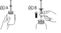 Syringe extracting liquid from a vial with one hand holding and the other pressing the plunger upwards