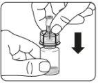 Hand holding a vial with liquid and a needle adapter, black arrow indicating the direction of device insertion