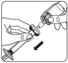 Hand holding a syringe connected to a circular safety device, black arrow indicating the direction of connection