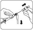 Hands holding an injection device with a connected needle and arrows indicating the direction of use