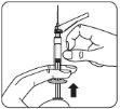 Hand holding a syringe with a needle inserted into the skin, showing a retracted safety device with an arrow indicating the direction