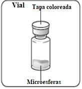Transparent medication vial with microspheres inside and a light gray top cap