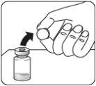 Hand holding a medication vial, turning it to remove the protective cap, with an arrow indicating the movement