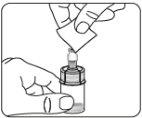 Hand holding a vial with medication and another hand removing the protective cover of an injection needle