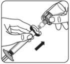 Hand holding a syringe connected to a needle, black arrow indicating direction of insertion into a medication vial