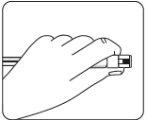Hand holding an auto-injector with the transparent window pointing upwards and the button pressed