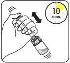 Hand holding an auto-injector with a timer showing 10 seconds and an arrow indicating the injection process