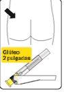 Pre-filled syringe with the needle inserted into the gluteus at a depth of 2 inches, arrow indicates the injection site