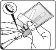 Hand holding an auto-injector with the exposed needle and a circle with an arrow indicating the direction of insertion