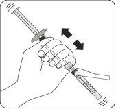 Hand holding an auto-injector with arrows indicating rotation and pressure to activate the device