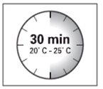 Circular clock showing 30 minutes with ambient temperature indicated at 20&deg;C to 25&deg;C in the center