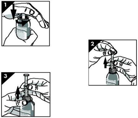 Medication vial with hands extracting dose with syringe and needle, arrows indicate direction of extraction and preparation