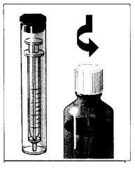 Transparent vial with plunger and liquid, curved arrow indicating direction and small vial with textured cap and liquid content