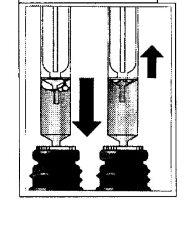 Two syringes with liquid showing arrows indicating the direction of filling and extraction of the medication