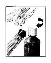 Medication vial with liquid and needle connected to a syringe, curved arrow indicating direction of connection