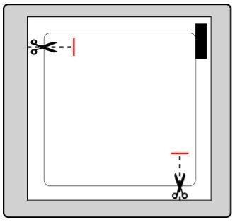 Scissors open, cutting a dashed red line on a white background with a frame