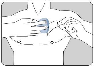 Hands applying pressure to the injection site on the upper right abdomen with a highlighted blue area