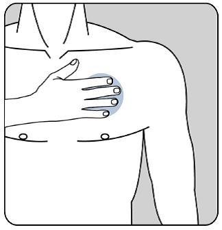 Hand applying pressure to the injection site on the upper arm, showing the area delimited with a blue circle