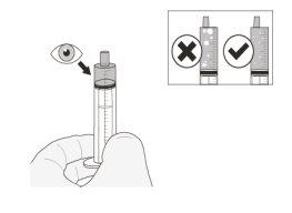 Transparent syringe with liquid and plunger correct, hand holding it, and eye observing, indicating acceptable level with a checkmark