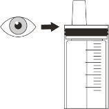 Eye pointing with an arrow to a transparent syringe with gradations and a black plunger retracted