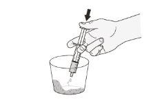 Hand holding a pre-loaded syringe over a container with liquid, showing the insertion of the needle into the contents of the glass