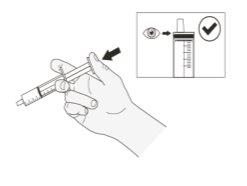 Hand holding a pre-loaded syringe with an arrow indicating preparation and verification of the correct volume in the cylinder