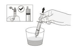 Hand holding a syringe over a glass with liquid, medicine vials at the bottom, and an arrow indicating the direction of the process