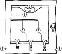 Diagram of device with numbers 1 to 8 indicating parts, connectors, and flow through transparent tubes