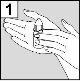 Hand holding an auto-injector with the needle exposed, ready for injection into the skin