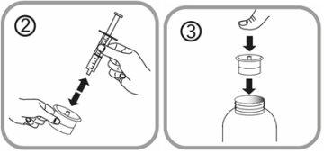 Hand holding a syringe with a needle inserting into a vial and another hand removing the vial cap with an arrow indicating direction